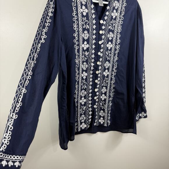 Chico’s Navy White Embroidered Button Up Tunic Top Size L (12) 100% Cotton Boho - Picture 4 of 14